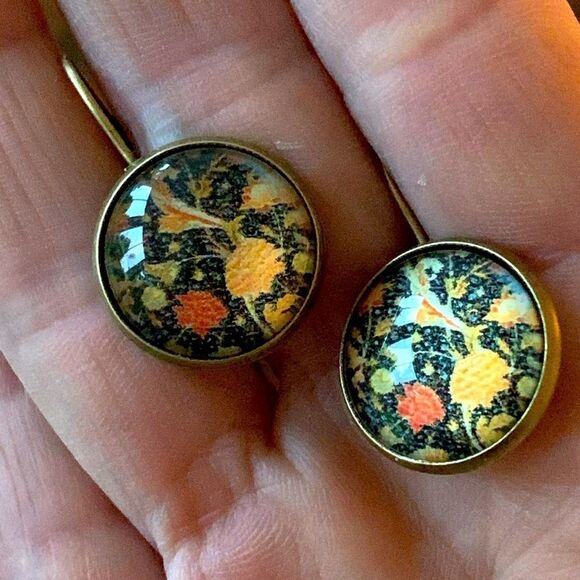 Gilded Black Chiyogami Earrings Glass Cabochon Handmade Dangles - Picture 9 of 10